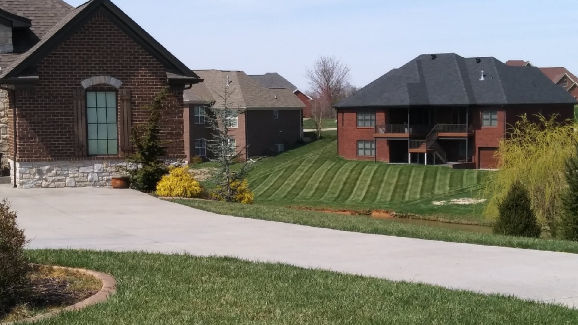 Backyard view of freshly mowed lawn with patterns in Hurstbourne, KY.
