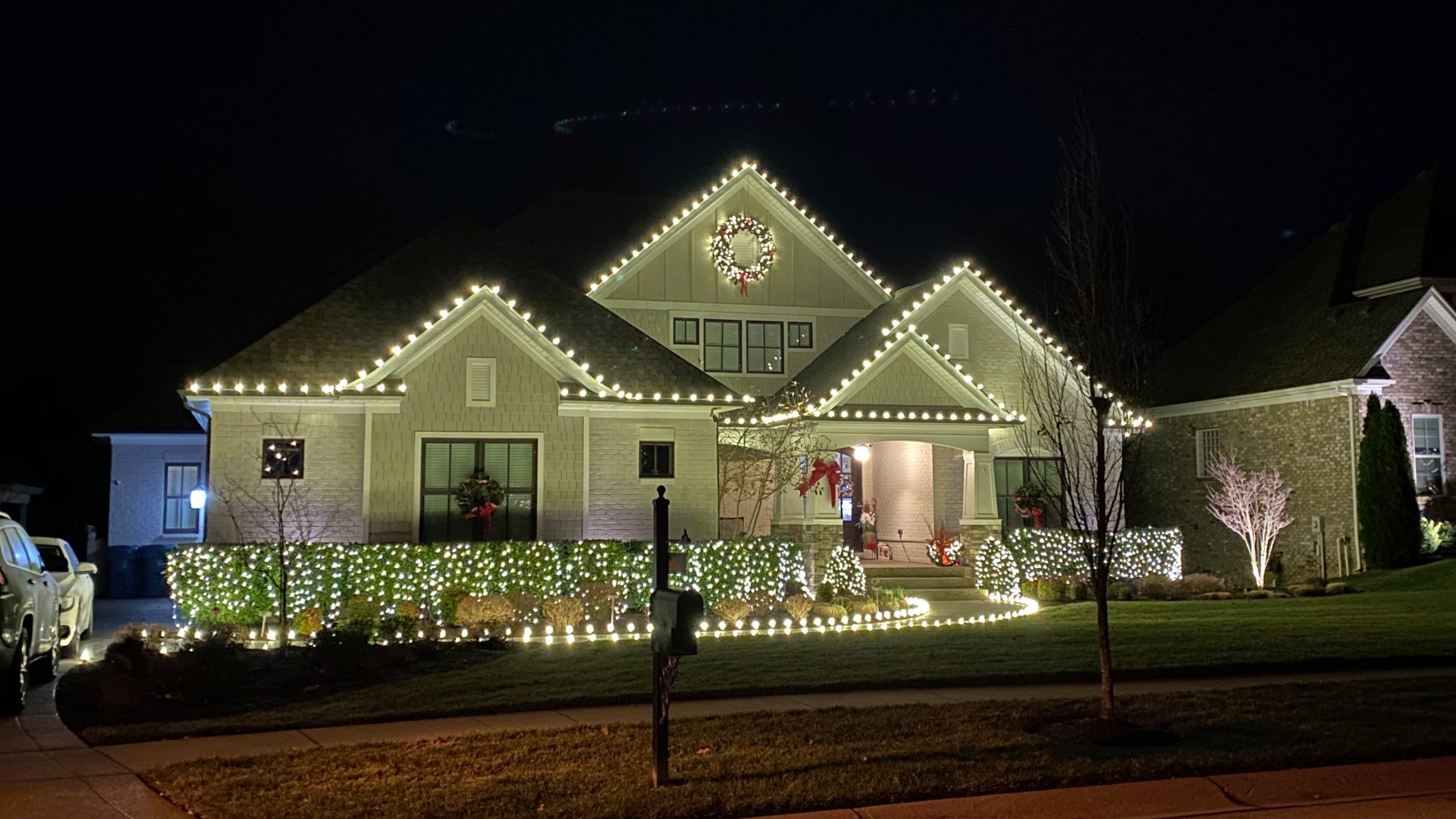 Holiday lighting installed around perimeter of home in Louisville, KY.
