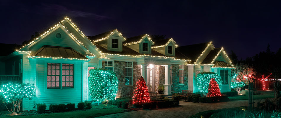 Holiday lighting installed on a home in Jeffersonville, IN.
